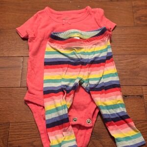Carter's Baby Girl 3 Month Coral Pink Bodysuit Rainbow Stripe Pants Outfit‎ Set